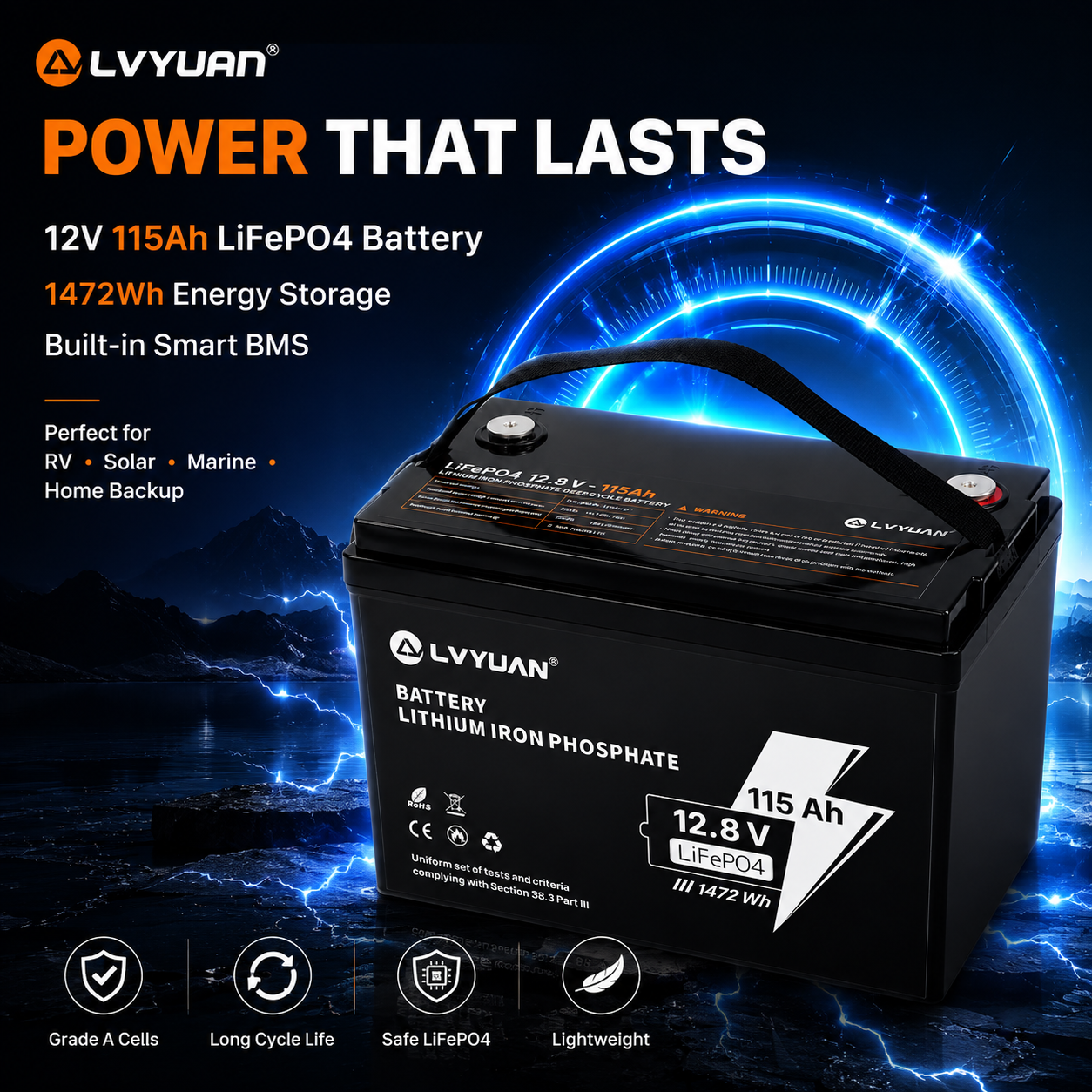 Lvyuan 12V 115Ah LiFePO4 Battery 1472Wh Deep Cycle Lithium Battery with Intelligent BMS for RV, Solar, Marine & Home Backup