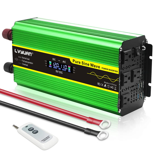 LVYUAN reiner Sinuswellen-Wechselrichter, 2000-Watt-Wechselrichter, 12 V bis 110 V Gleichstrom zu Wechselstrom, mit Fernbedienung, LCD-Display, 4 Wechselstromsteckdosen und 4 USB-Anschlüssen, grün