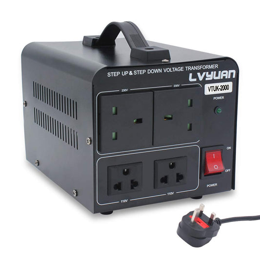 LVYUAN VOLTAGE CONVERTER 2000W STEP UP STEP DOWN UK TO US TRANSFORMER WITH 2 US & 2 UK OUTLETS FOR 220V-110V & 110V-220V