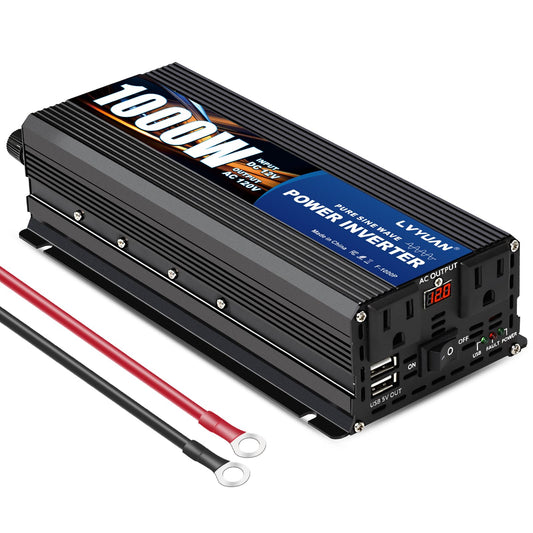 LVYUAN 1000W Pure Sine Wave Inverter 12V to 110V/120V – Dual AC Sockets & USB Ports for RV & Home