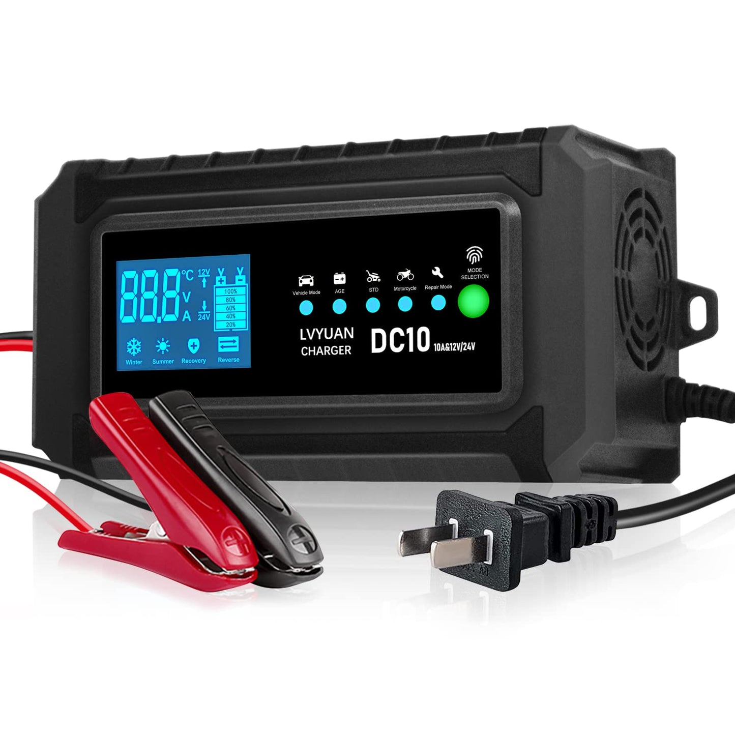 LVYUAN Chargeur de batterie de voiture intelligent 10 A, chargeur automobile 12 V et 24 V, mainteneur de batterie, chargeur d'entretien, chargeur flotteur et désulfateur pour AGM, moto, tondeuse à gazon et batteries au plomb