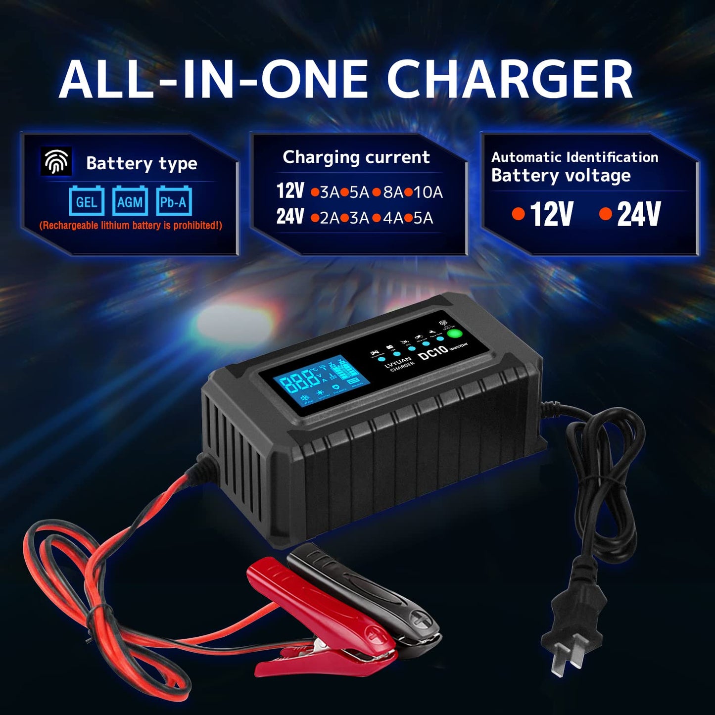 LVYUAN 10A Intelligentes Autobatterieladegerät, 12V- und 24V-Autobatterieladegerät, Batterieerhaltungsgerät, Erhaltungsladegerät, Schwimmerladegerät und Desulfator für AGM-, Motorrad-, Rasenmäher- und Blei-Säure-Batterien