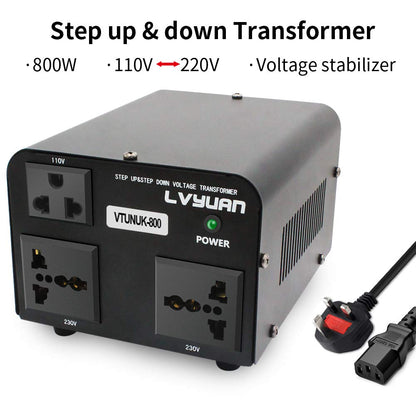 LVYUAN 800VA 220V ⇄ 110V STEP UP & STEP DOWN VOLTAGE TRANSFORMER CONVERTER UK TO US & US TO UK DUAL 110V & 220V OUTLETS