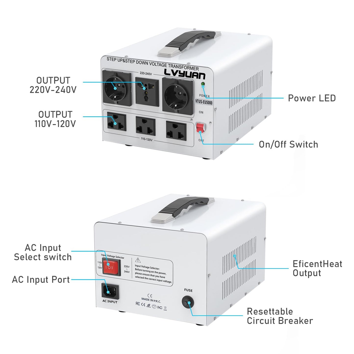 LVYUAN 5000W Voltage Transformer Power Converter Step Up 110V to 220V, Step Down 220V to 110V, 110/120 Volt - 220/240 Volt