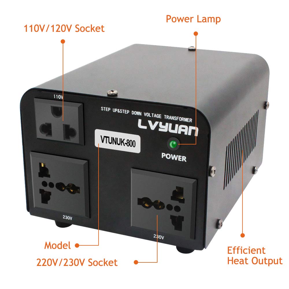 LVYUAN 800VA 220V ⇄ 110V STEP UP & STEP DOWN VOLTAGE TRANSFORMER CONVERTER UK TO US & US TO UK DUAL 110V & 220V OUTLETS