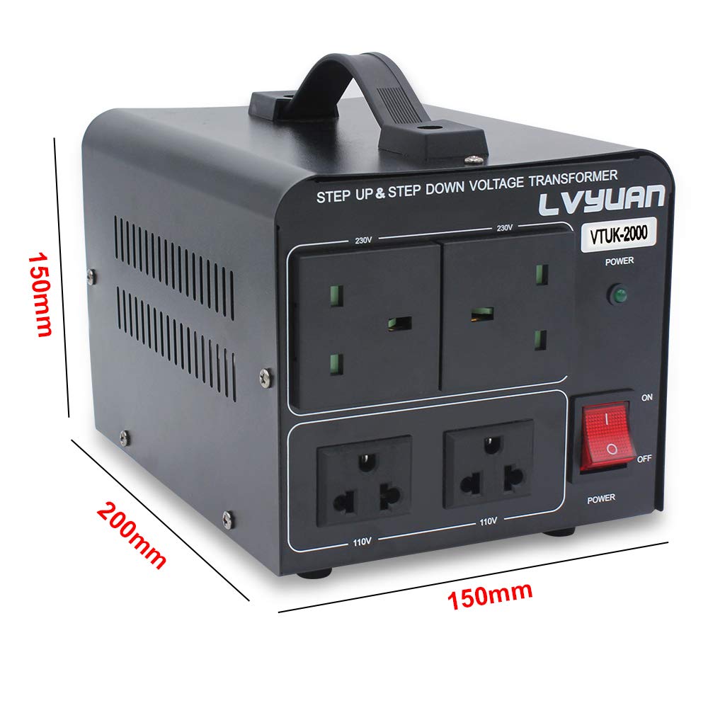 LVYUAN VOLTAGE CONVERTER 2000W STEP UP STEP DOWN UK TO US TRANSFORMER WITH 2 US & 2 UK OUTLETS FOR 220V-110V & 110V-220V