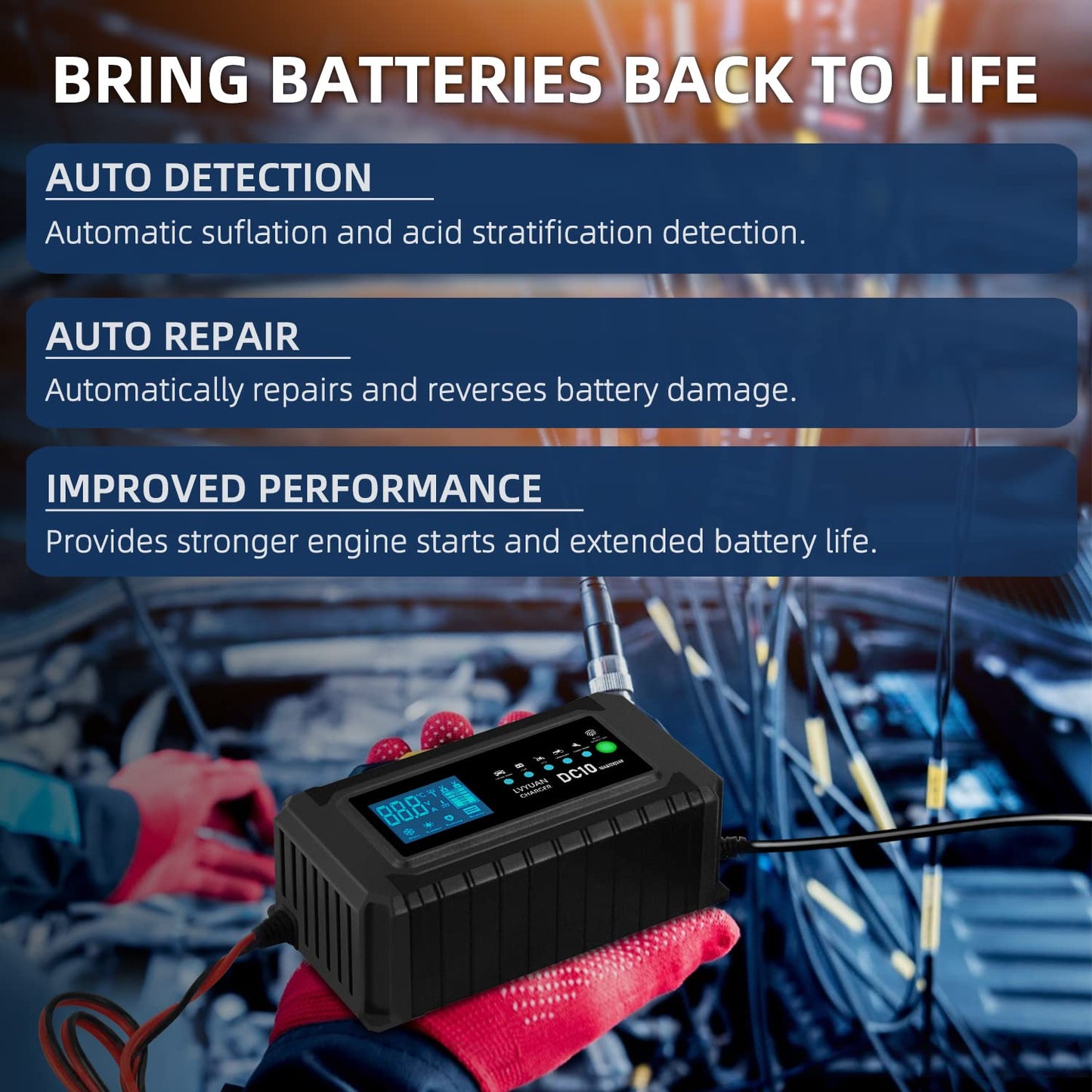 LVYUAN 10A Smart Car Battery Charger, 12V and 24V Automotive Charger, Battery Maintainer, Trickle Charger, Float Charger and Desulfator for AGM, Motorcycle, Lawn Mower and Lead-Acid Batteries