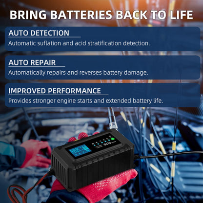 LVYUAN Chargeur de batterie de voiture intelligent 10 A, chargeur automobile 12 V et 24 V, mainteneur de batterie, chargeur d'entretien, chargeur flotteur et désulfateur pour AGM, moto, tondeuse à gazon et batteries au plomb