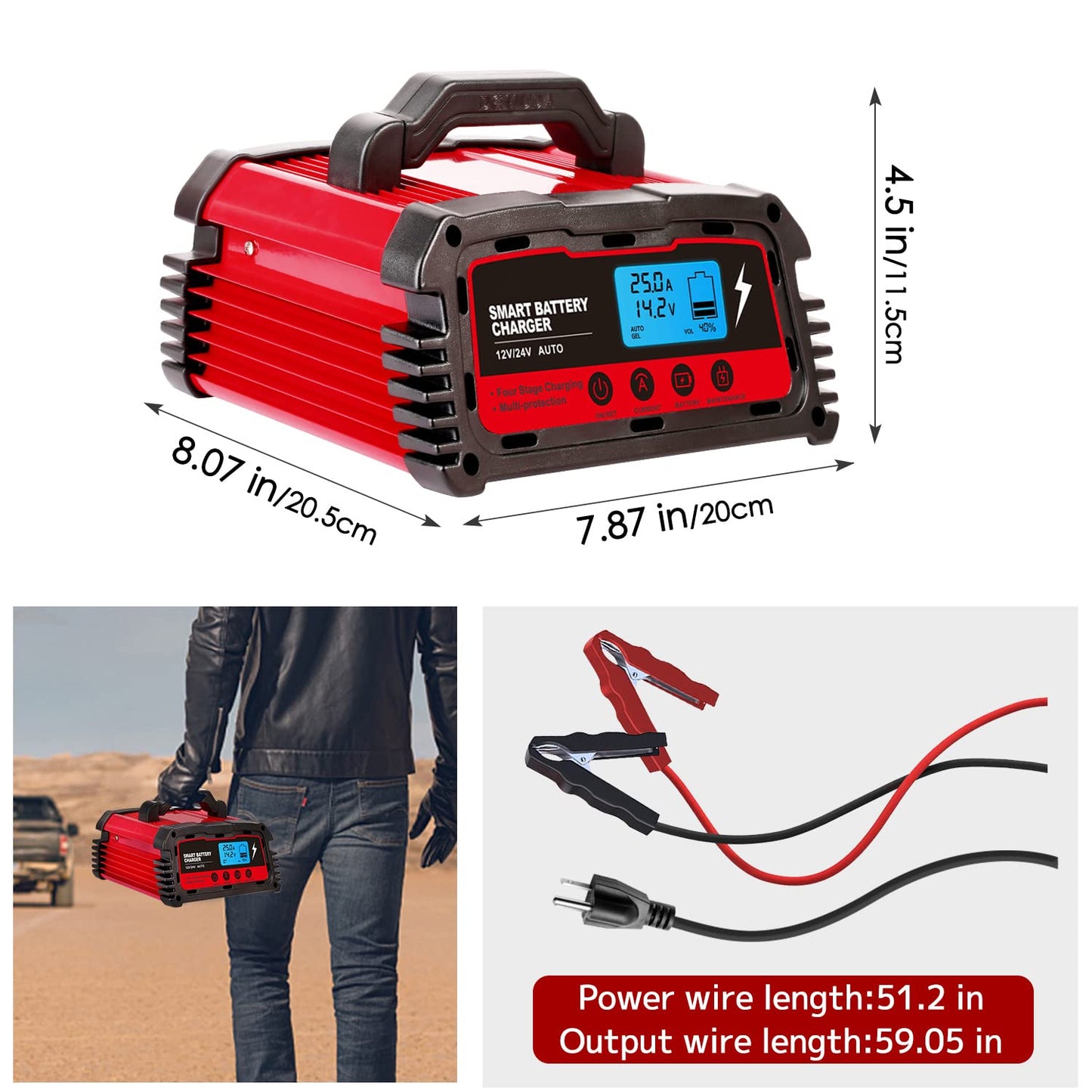 LVYUAN 25A Smart Car Battery Charger,12V(5/10/25A) and 24V(5/10A) Automotive Charger,Battery Maintainer with LCD Display,Trickle Charger,for Motorcycle,AGM,Lawn Mower and Lead-Acid Batteries