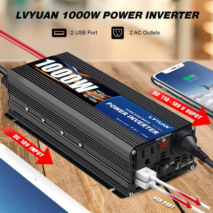 LVYUAN 1000W Pure Sine Wave Inverter 12V to 110V/120V – Dual AC Sockets & USB Ports for RV & Home