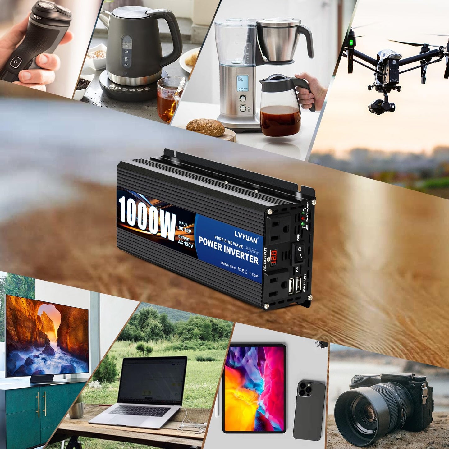 LVYUAN 1000W Pure Sine Wave Inverter 12V to 110V/120V – Dual AC Sockets & USB Ports for RV & Home