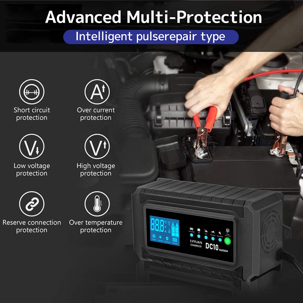 LVYUAN Chargeur de batterie de voiture intelligent 10 A, chargeur automobile 12 V et 24 V, mainteneur de batterie, chargeur d'entretien, chargeur flotteur et désulfateur pour AGM, moto, tondeuse à gazon et batteries au plomb