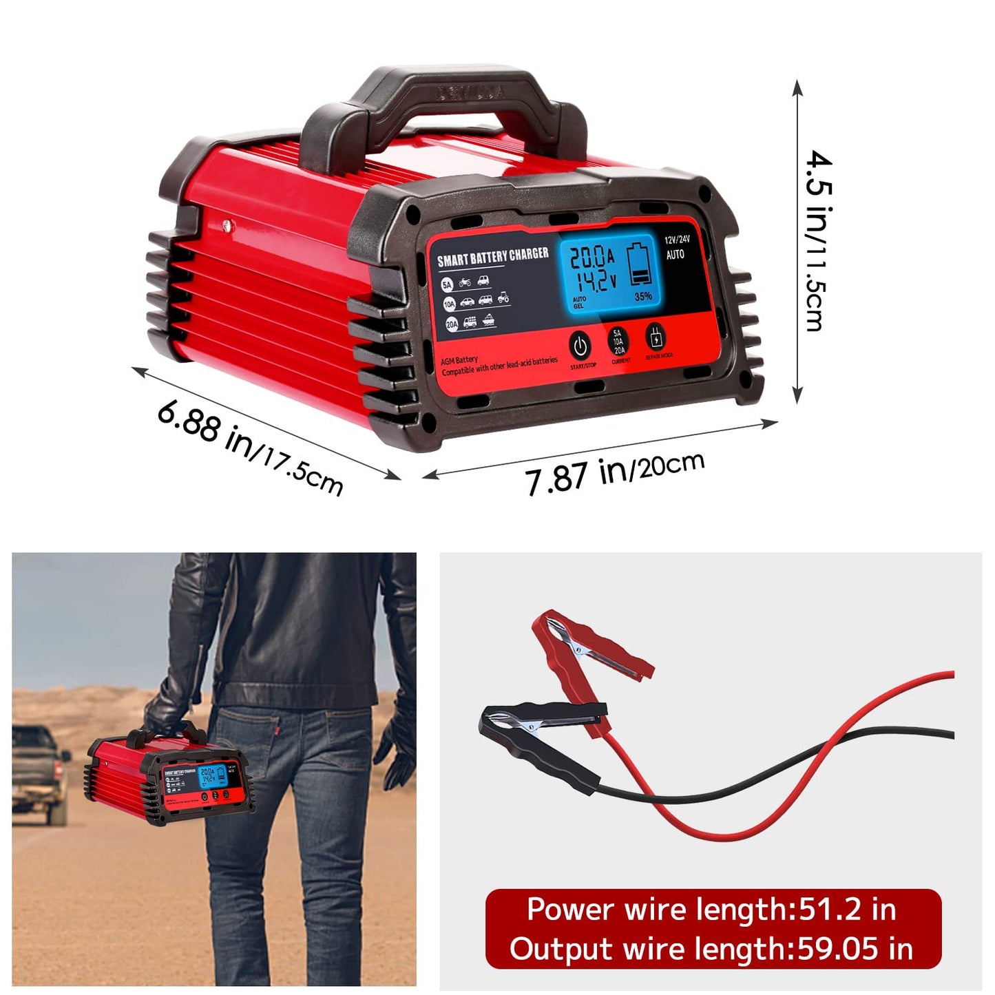 LVYUAN 20A Smart Car Battery Charger,12V (5/10/20A) and 24V (5/10A) Automotive Charger,Battery Maintainer with LCD Display,Trickle Charger,for Motorcycle,AGM,Lawn Mower and Lead-Acid Batteries