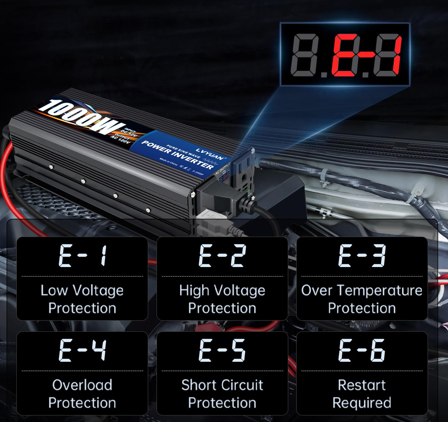 LVYUAN 1000W Pure Sine Wave Inverter 12V to 110V/120V – Dual AC Sockets & USB Ports for RV & Home