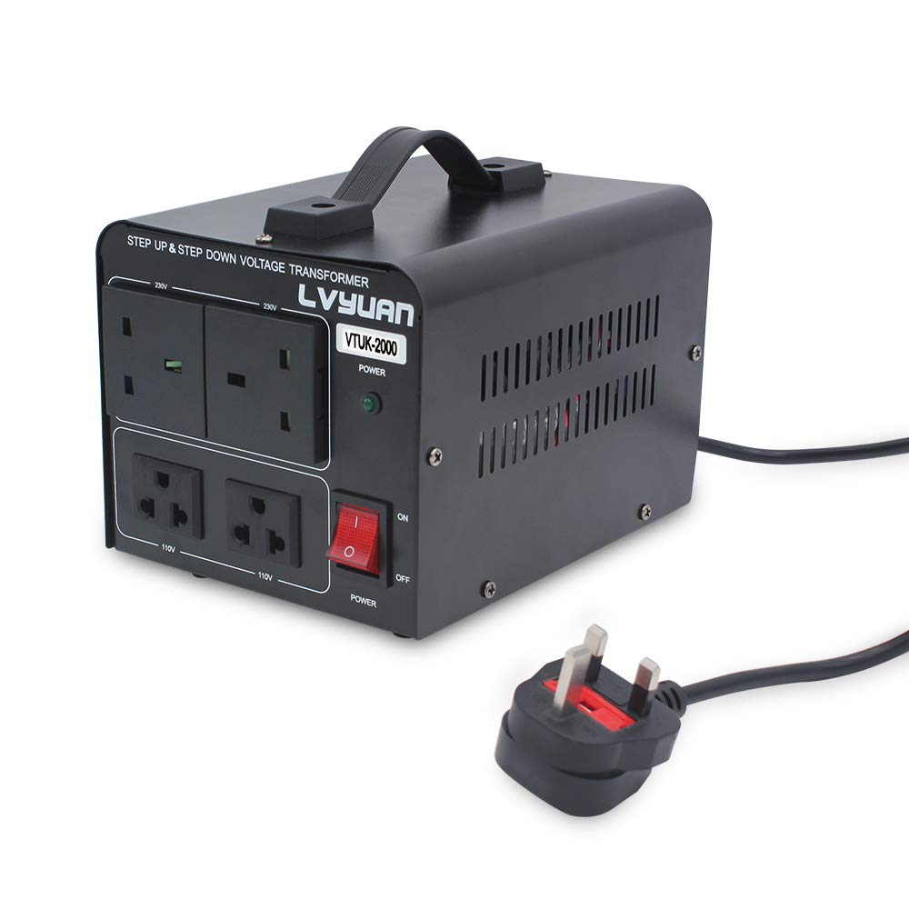 LVYUAN VOLTAGE CONVERTER 2000W STEP UP STEP DOWN UK TO US TRANSFORMER WITH 2 US & 2 UK OUTLETS FOR 220V-110V & 110V-220V