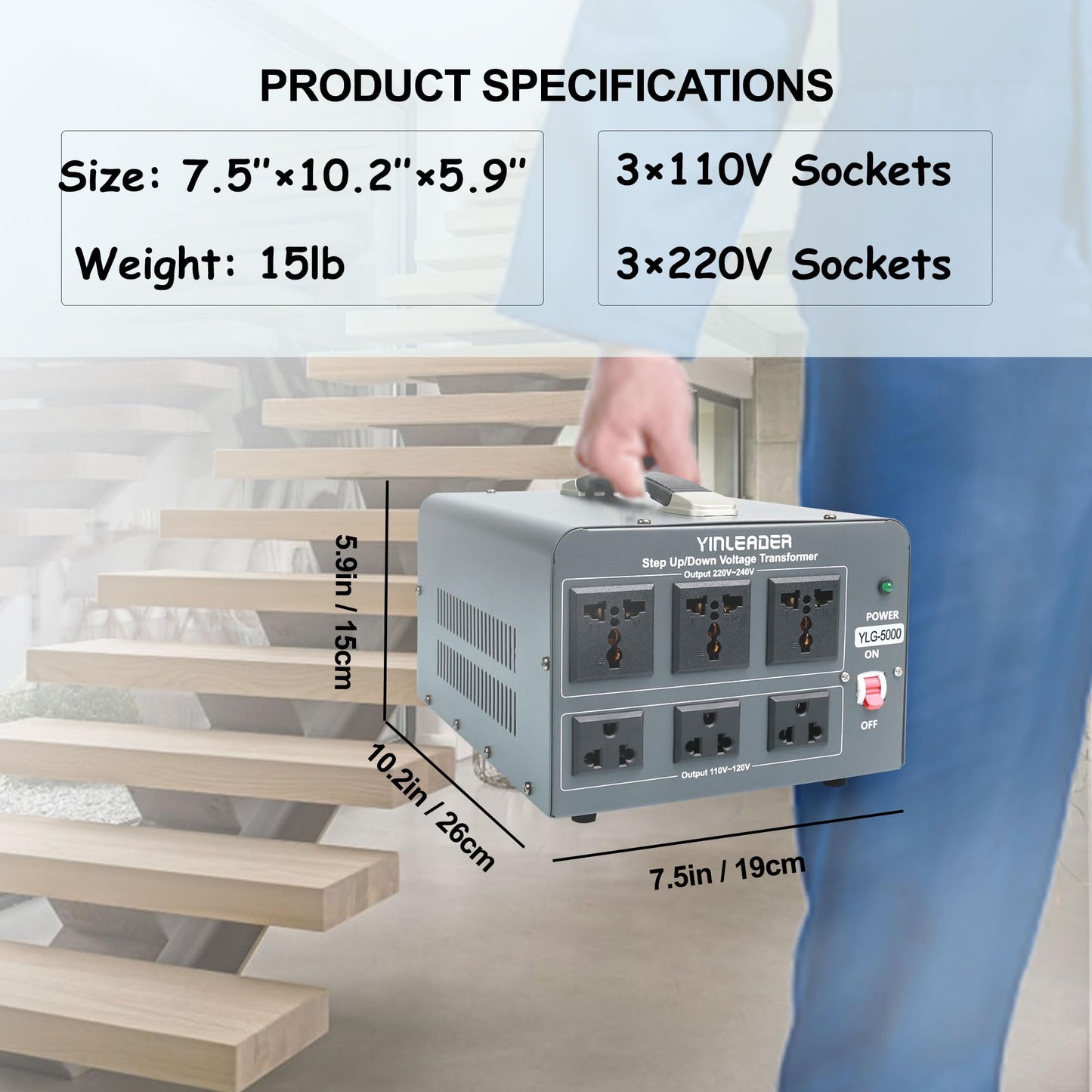 Yinleader 5000 Step Up/Down Transformer Converter 110/120 Volt - 220/240 Volt w/US Power Cord,Circuit Breaker Protection (Grey)