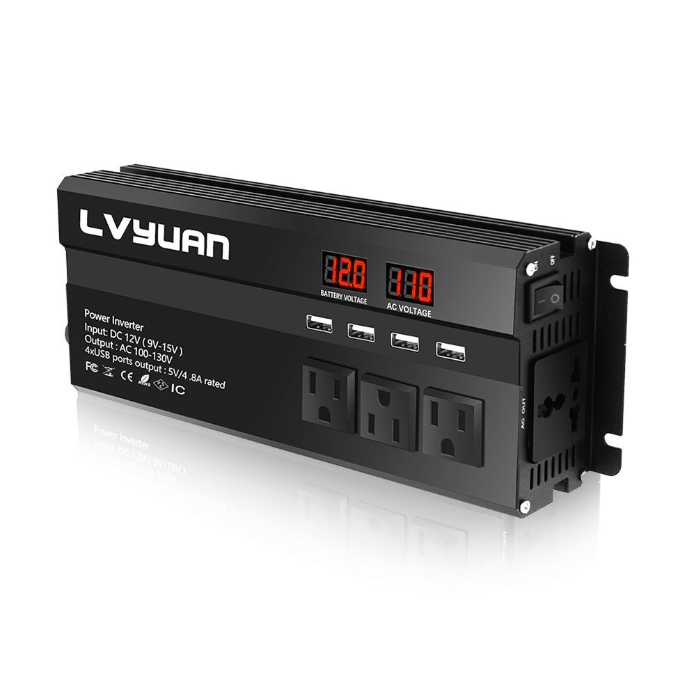 LVYUAN 1000 W Wechselrichter DC 12 V auf AC 110 V mit LCD-Display (schwarz) DC-zu-AC-Konverter