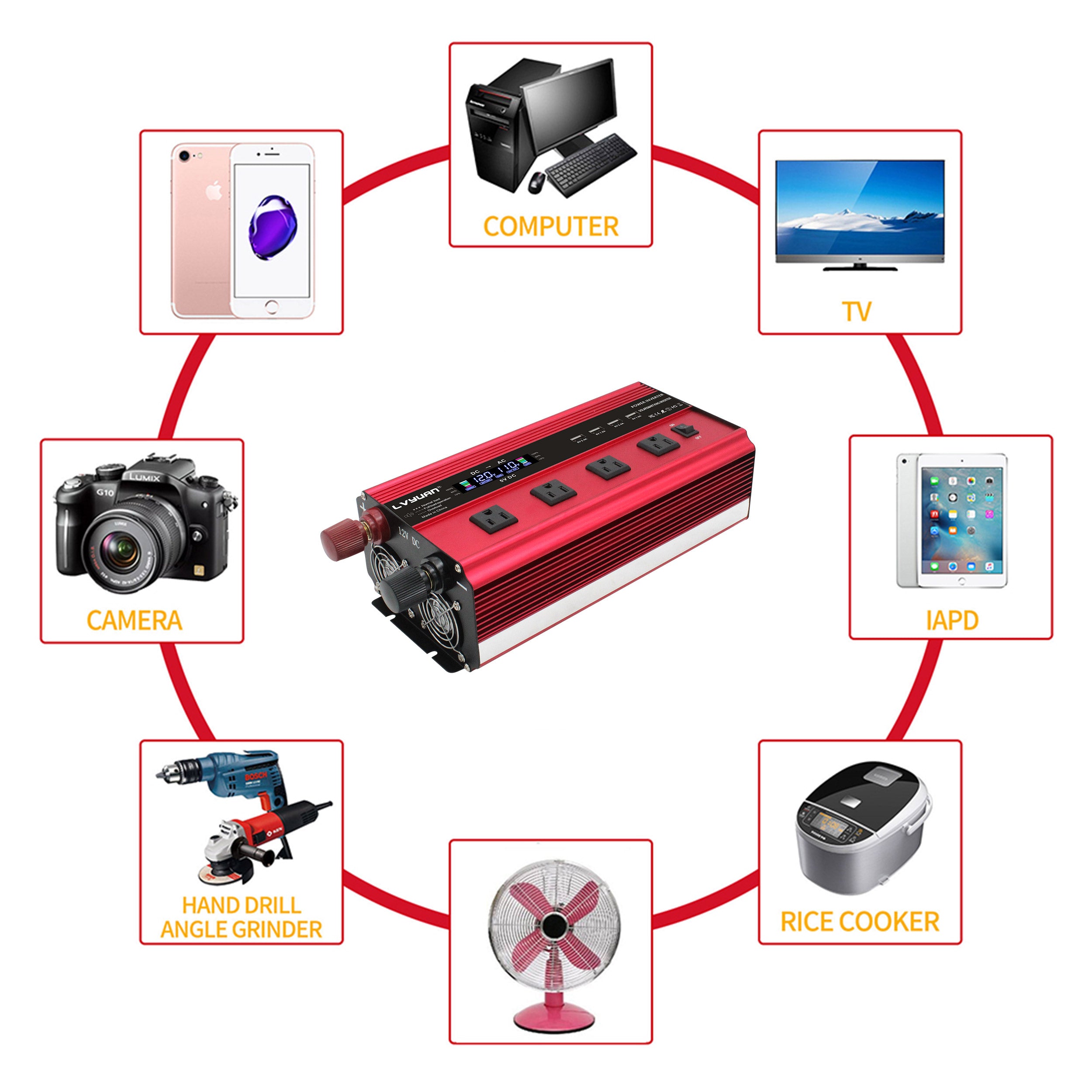 LVYUAN 2000W Onduleur DC 12V à 110V AC avec écran LCD DC à AC Onduleur de voiture