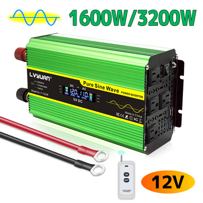 Onduleur à onde sinusoïdale pure 1600W DC 12V à AC 110V 120V avec télécommande, écran LCD