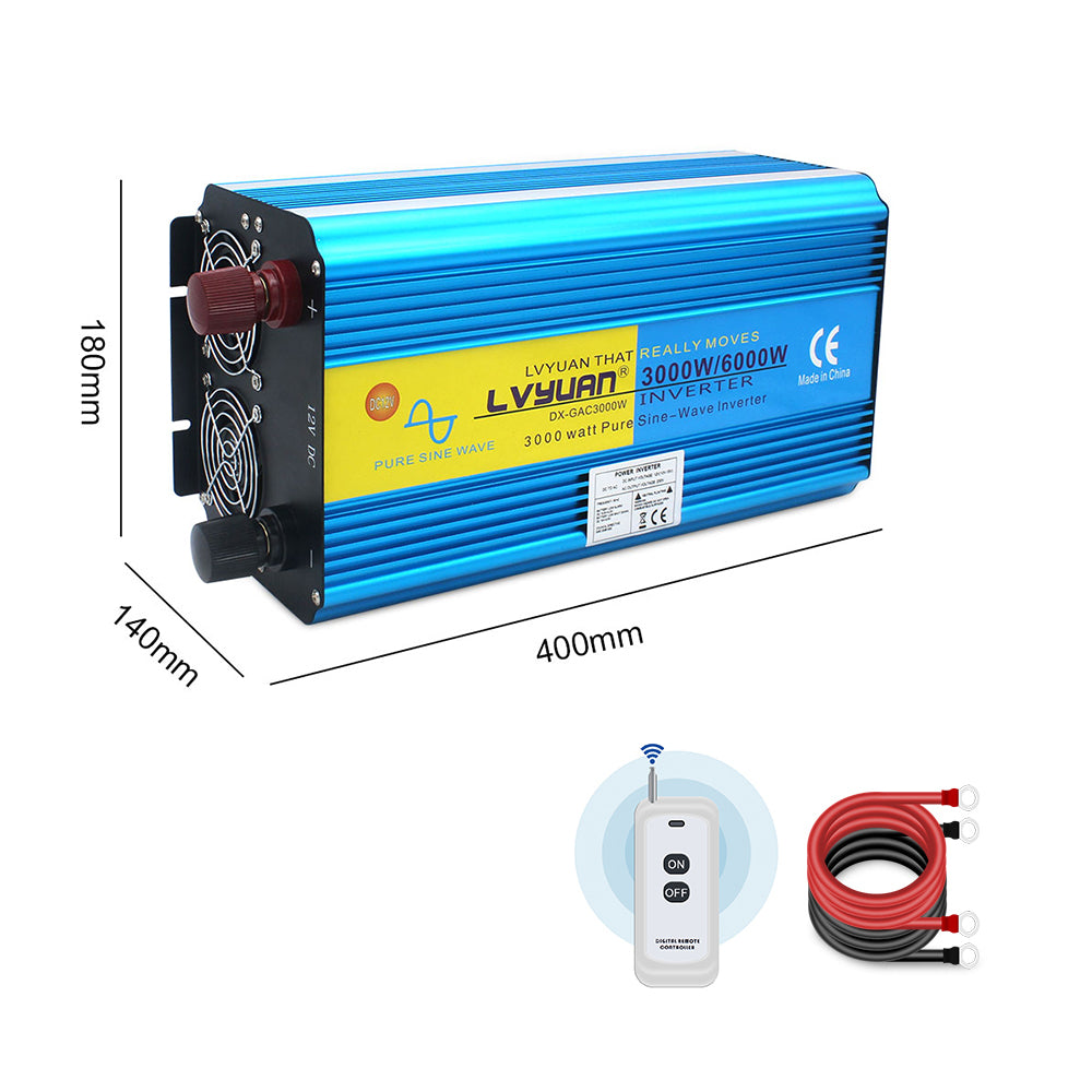 Onduleur à onde sinusoïdale pure 3000W DC 12V à AC 230V avec 2 écrans LCD avec télécommande