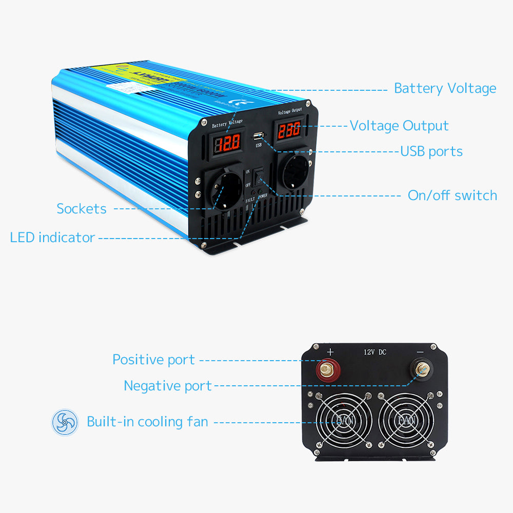 Onduleur à onde sinusoïdale pure 3000W DC 12V à AC 230V avec 2 écrans LCD avec télécommande