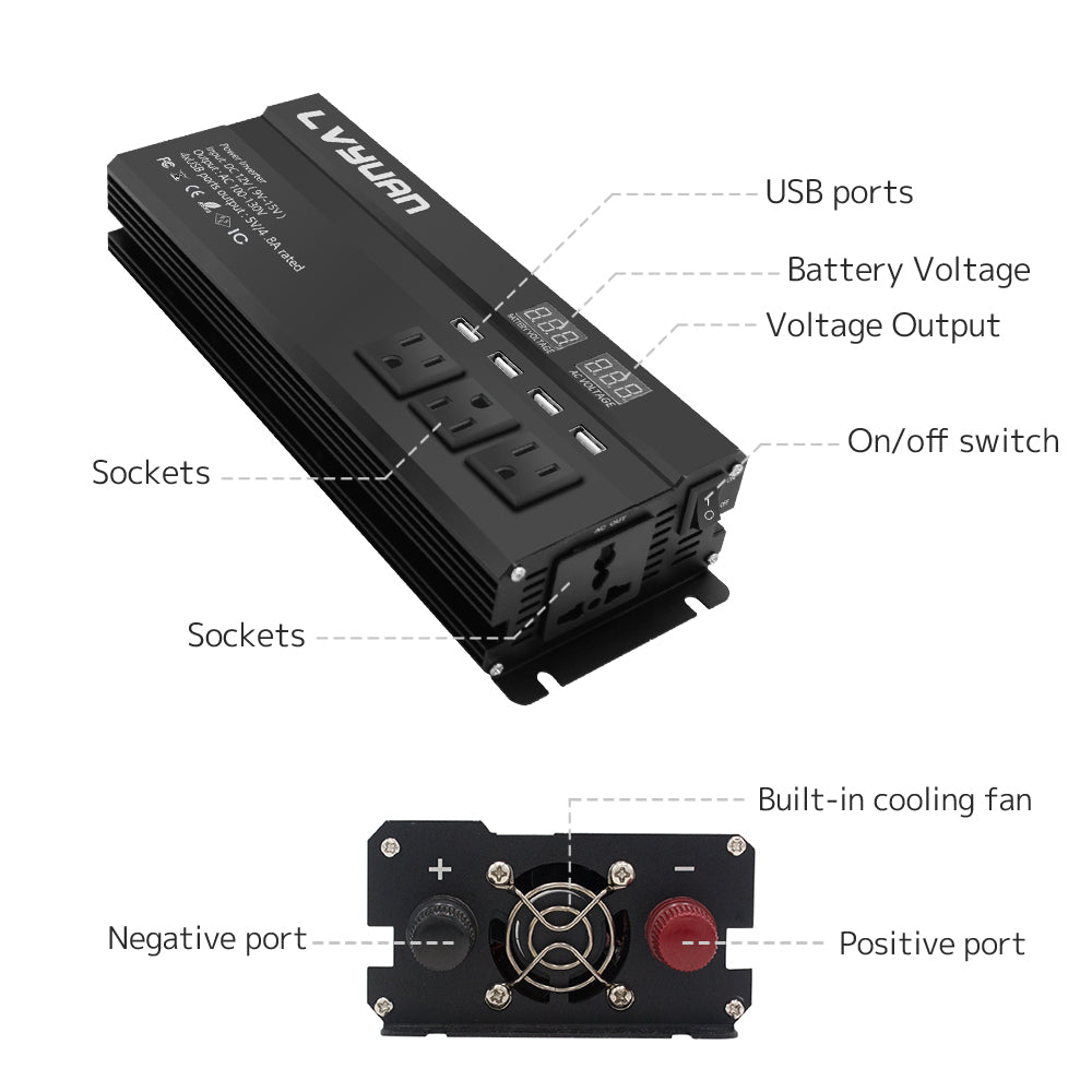 LVYUAN 1000 W Wechselrichter DC 12 V auf AC 110 V mit LCD-Display (schwarz) DC-zu-AC-Konverter