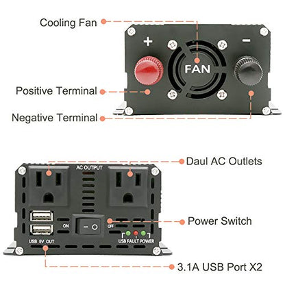 Onduleur de voiture 1000W DC 12V à 110V AC avec écran LCD