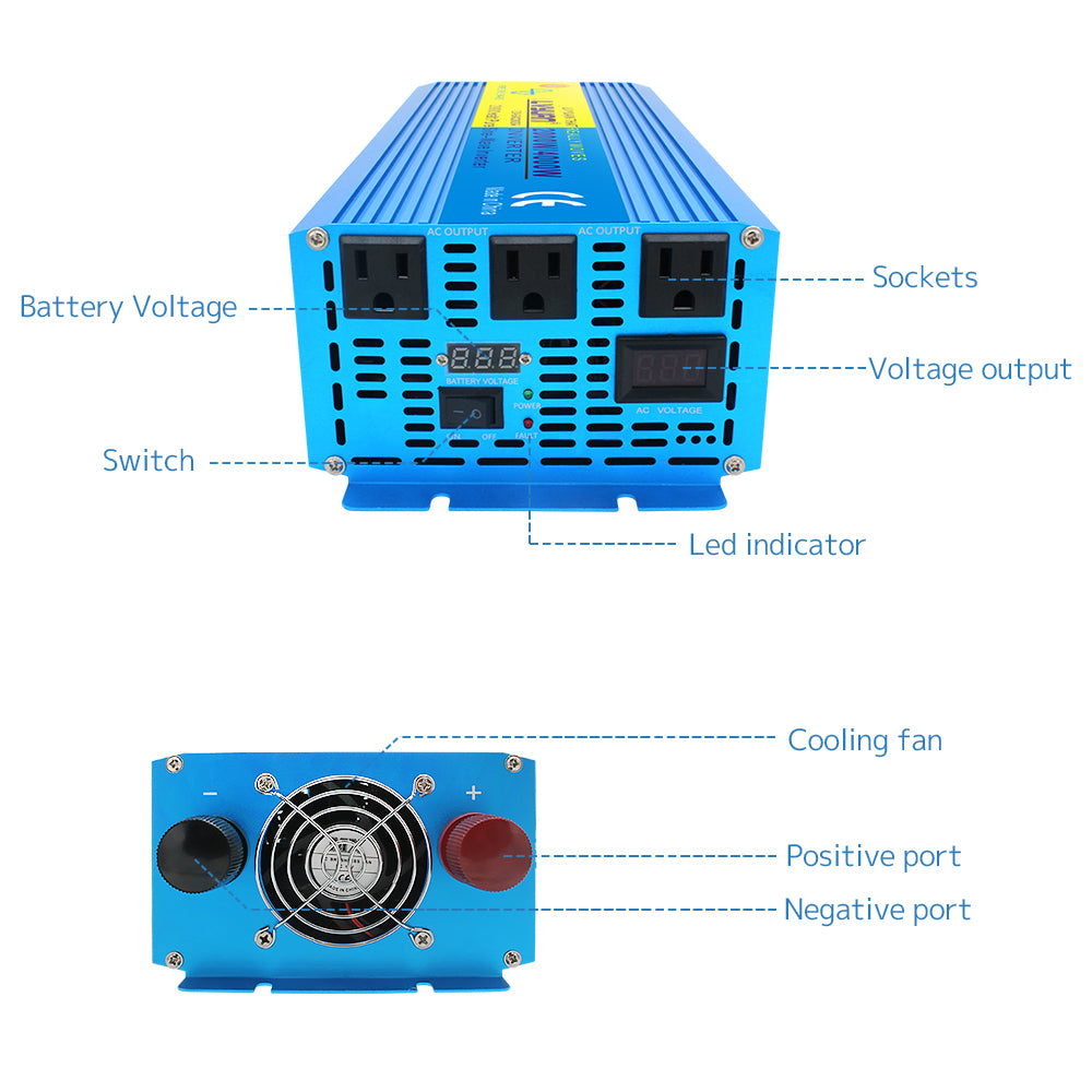 LVYUAN 2000 W reiner Sinuswellen-Wechselrichter DC 12 V auf AC 110 V mit LCD-Display mit 3 AC-Steckdosen