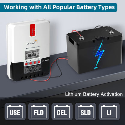 LVYUAN Contrôleur de charge solaire MPPT 40 A 12 V/24 V DC avec paramètres automatiques, écran LCD réglable, régulateur de panneau solaire adapté pour batteries inondées et au lithium scellées au gel