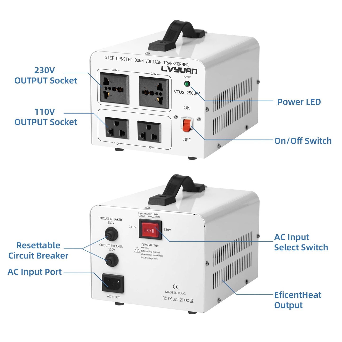 LVYUAN 2500 W Spannungswandler Step Up 110 V auf 220 V, Step Down 220 V auf 110 V Spannungswandler