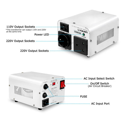 LVYUAN Convertisseur élévateur/descente de 800 watts de 110-120 volts à 220-240 volts et de 220-240 volts à 110-120 volts avec cordons d'alimentation américains, britanniques et européens