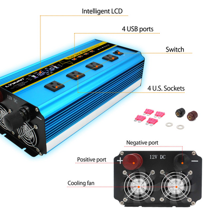 Onduleur à onde sinusoïdale pure 3000W DC 12V à AC 110V avec télécommande, écran LCD